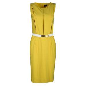 Pre Owned Fendi Yellow Wool Stitch Detail Sleeveless Belted Dress S