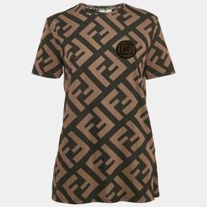 Pre Owned Fendi Brown Zucca Print Cotton Jersey Applique Detail T- Shirt S