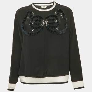 Fendi Black Silk & Fur Detail Long Sleeve Top M