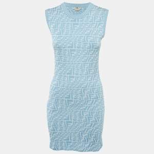 Fendi Blue FF Zucca Monogram Intarsia Knit Sleeveless Mini Dress S