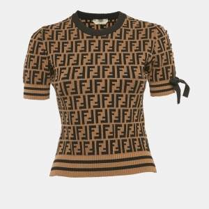 Pre Owned Fendi Brown Zucca Jacquard Knit Crew Neck Top S