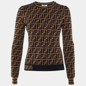 Pre Owned Fendi Brown Zucca Monogram Knit Crew Neck Jumper S