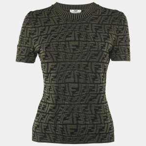 Pre Owned Fendi Green FF Knit Short Sleeve Jumper S