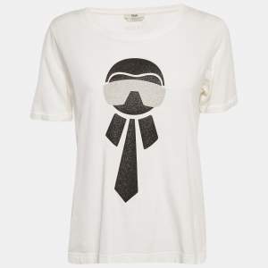 Pre Owned Fendi White Metallic Karlito Applique Cotton T-Shirt S 