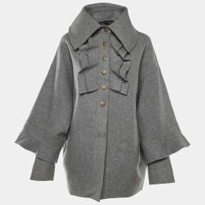 Fendi Grey Wool Ruffled Button Front Overcoat S