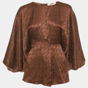 Fendi Brown Logo Jacquard Satin Flared Blouse S