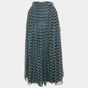 Pre Owned Fendi Blue Geometric Print Silk Pleated Midi Skirt S