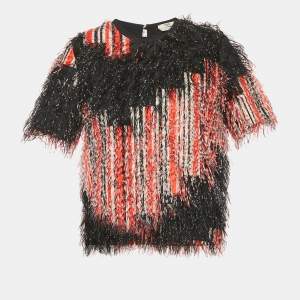 Pre Owned Fendi Orange/Black Printed Synthetic Fringe Fil Coupe Top S