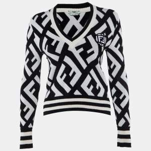 Fendi Monochrome FF Jacquard Knit V-Neck Pullover XS