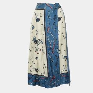 Pre Owned Fendi Blue Zodiac Print Silk Pleated Wrap Skirt M