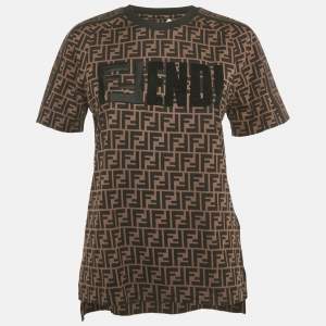 Pre Owned Fendi Brown FF Zucca Logo Print Cotton Crewneck T-Shirt XXS