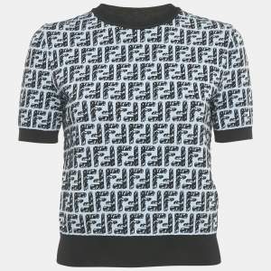 Pre Owned Fendi Blue FF Zucca Intarsia Knit Short Sleeve Knit Top S