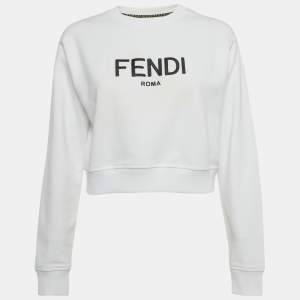 Pre Owned Fendi White Logo Embroidered Cotton Knit Sweatshirt XS