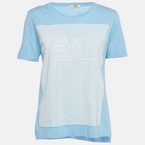 Pre Owned Fendi Blue Stripe Logo Print Cotton T-shirt S