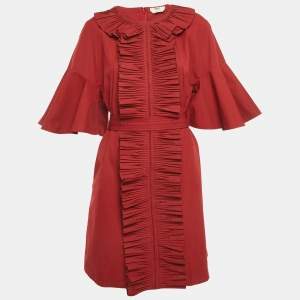 Pre Owned Fendi Red Cotton Frill Detail Mini Dress M