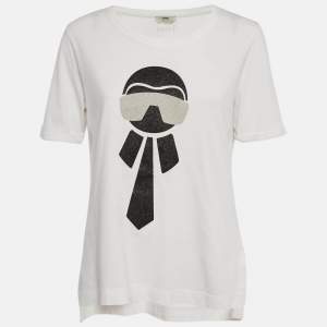 Pre Owned Fendi White Metallic Karl Print Jersey T-Shirt M