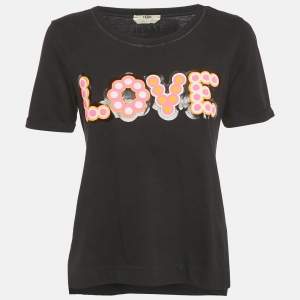 Pre Owned Fendi Black Love Applique Cotton T-Shirt S