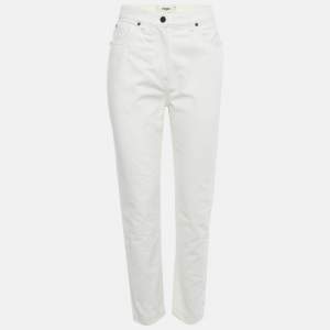 Pre Owned Fendi White Denim Logo Embossed Mom Fit Jeans S Waist 26"