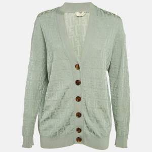 Pre Owned Fendi Mint Green Logo Cotton Knit Cardigan M