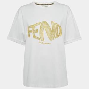 Pre Owned Fendi White Cotton Mesh Fish Eye Logo Detail Short Sleeve T-Shirt M