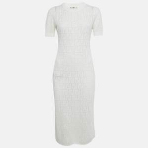 Pre Owned Fendi White Monogram Cotton Knit Midi Dress S