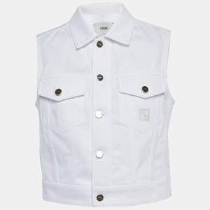 Pre Owned Fendi White Logo Embroidered Denim Gillet Jacket S