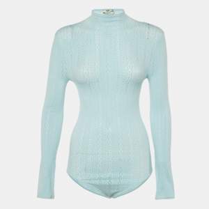 Pre Owned Fendi Blue Jersey Mesh Long-Sleeve Bodysuit M