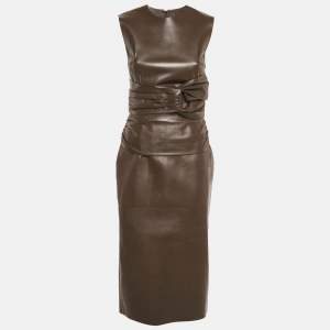 Pre Owned Fendi X Skims Brown Leather Pleated Detail Midi Dress S