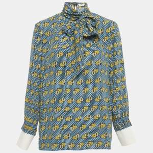 Pre Owned Fendi Blue heart Lock Printed Silk Neck Tie Detail Top M