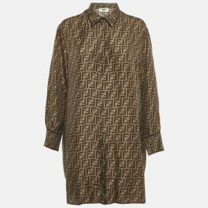 Pre Owned Fendi Brown Zucca Monogram Silk Oversized Shirt Dress M