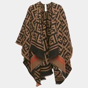 Pre Owned Fendi Brown Zucca Jacquard Wool Poncho One Size 