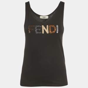 Pre Owned Fendi Black Logo Sequin Cotton Jersey Tank Top XS