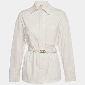 Pre Owned Fendi White Denim Belted Denim Jacket XS