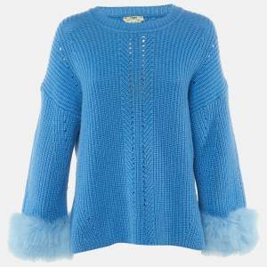 Pre Owned Fendi Blue Cashmere & Fox Fur Trim Pullover M
