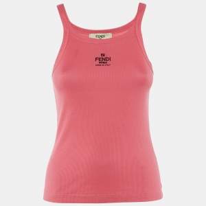 Pre Owned Fendi Coral Pink Logo Embroidered Rib Knit Tank Top S