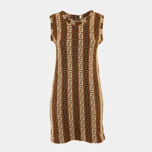 Pre Owned Fendi Mare Vintage Brown Zucca Pattern Terry Cotton Shift Dress M