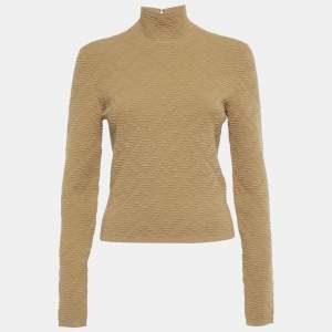 Pre Owned Fendi Brown Textured Knit Mock Neck Pullover M