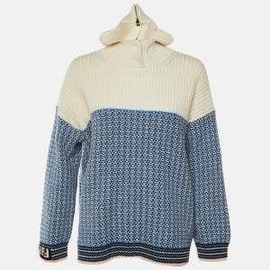 Pre Owned بُلوفر فنيدي تريكو صوف وكشمير بأزرق بغطاء رأس مقاس صغير (سمول)