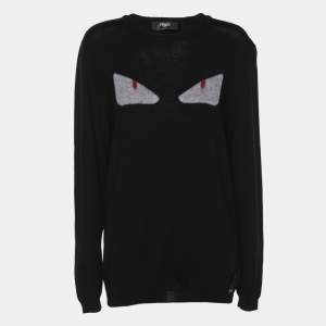 Pre Owned Fendi Black Wool Monster Eye Applique Detail Sweatshirt L
