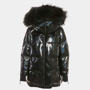 Pre Owned Fendi Black Holographic Synthetic Quilted Down Detachable Fur Jacket S