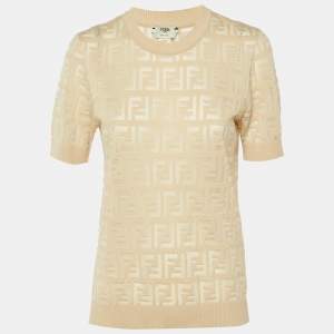 Pre Owned Fendi Beige FF Jacquard Knit Sheer Crew Neck Jumper M