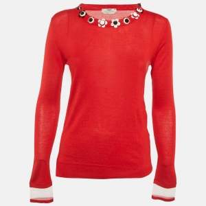 Pre Owned Fendi Red Cashmere Neck Embellished Jumper S