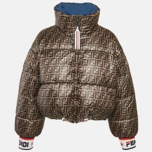 Pre Owned Fendi x Fila Blue/Brown Zucca Print Synthetic Reversible Down Jacket M