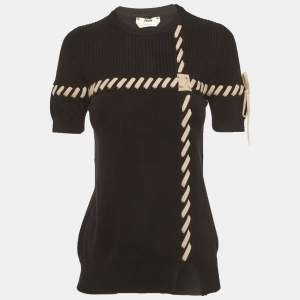 Pre Owned Fendi Black Rib Knit Lace-Up Top S