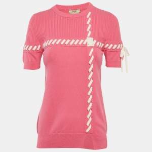 Pre Owned Fendi Pink Rib Knit Lace-Up Top S