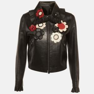 Pre Owned Fendi Black Floral Embellished Leather Biker Jacket M