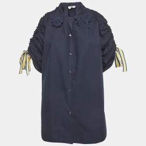 مملوكة مسبقًا Fendi Navy Blue Cotton Scrunched Sleeves Shirt M