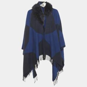 مملوكة مسبقًا Fendi Blue Real Fur Trim Cotton Poncho One Size 