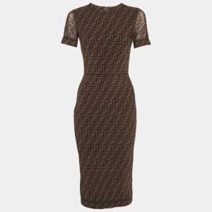 Pre Owned Fendi Brown FF Stretch Mesh Midi Dress S