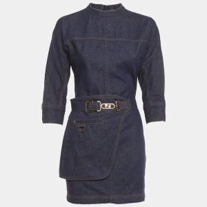 Pre Owned Fendi Blue Denim Belted Mini Dress S